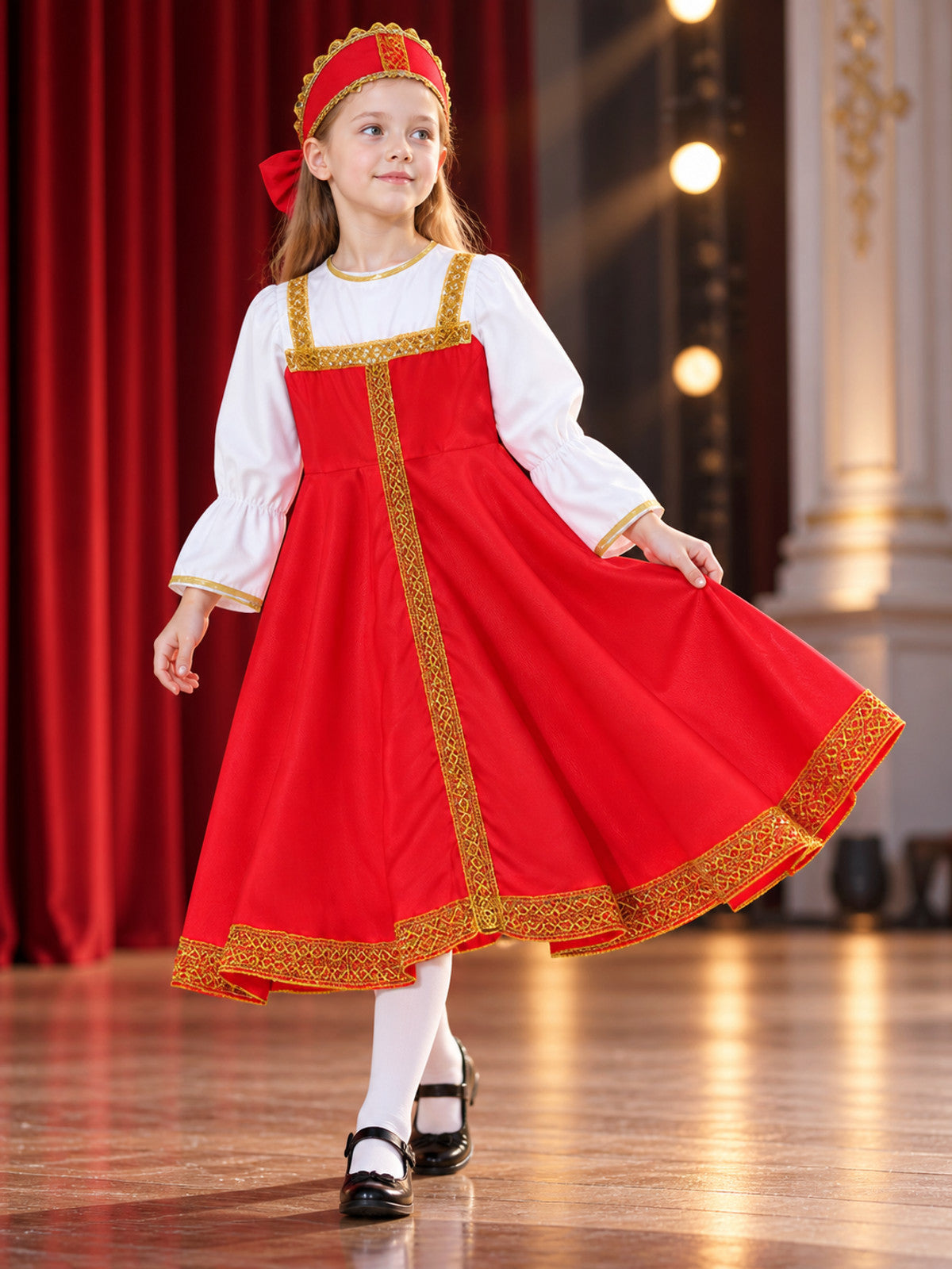gold children_stage_costume_red_dress_headwear product image