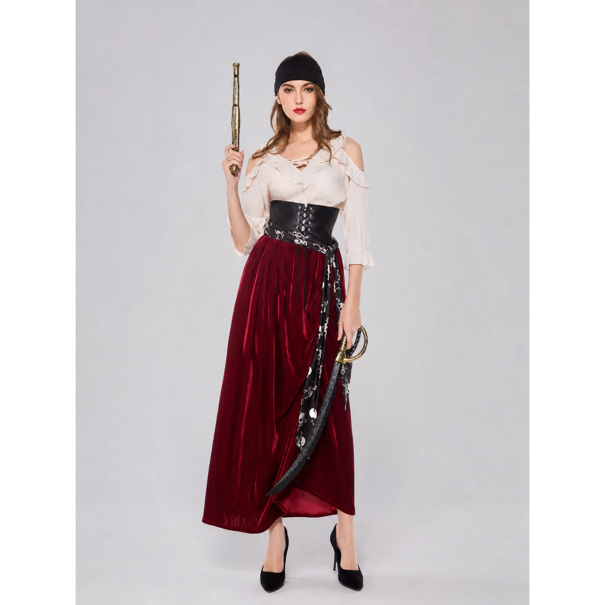 Pirate Carnival Costume with Corset and Skirt on-model view