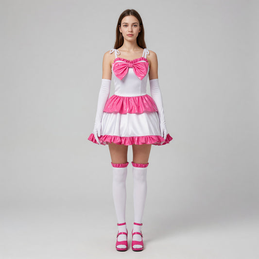 White Mima cosplay dress with pink ruffles and a bow