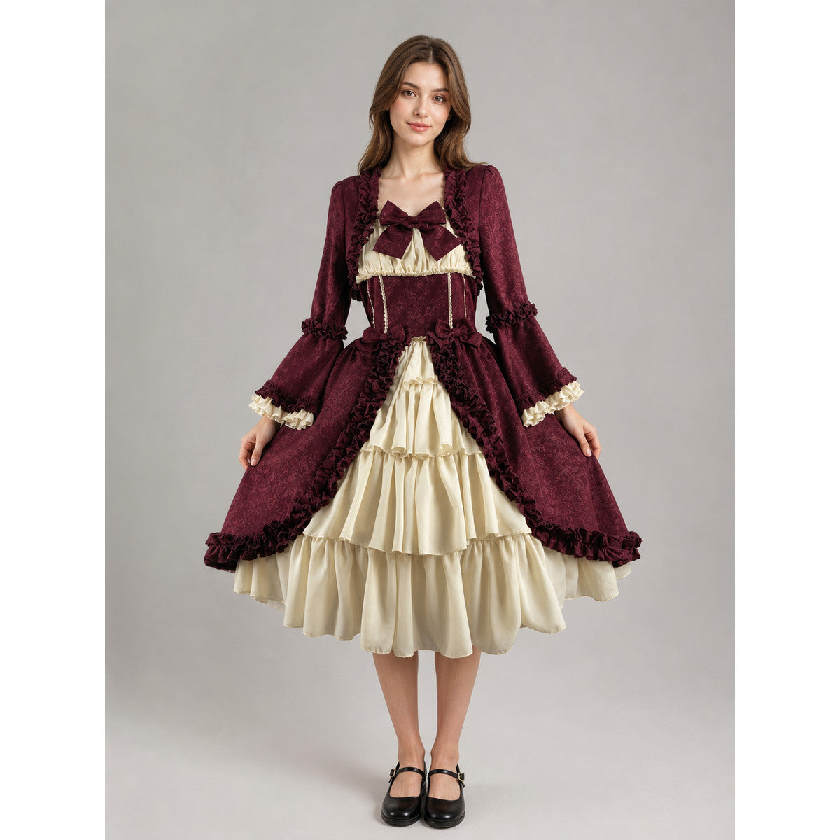 Victorian-Style Long-Sleeve Dress with Bow