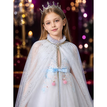 Girls Fairy Tale Princess Costume Dress with Tulle Overlay and Shimmer Dots on-model view