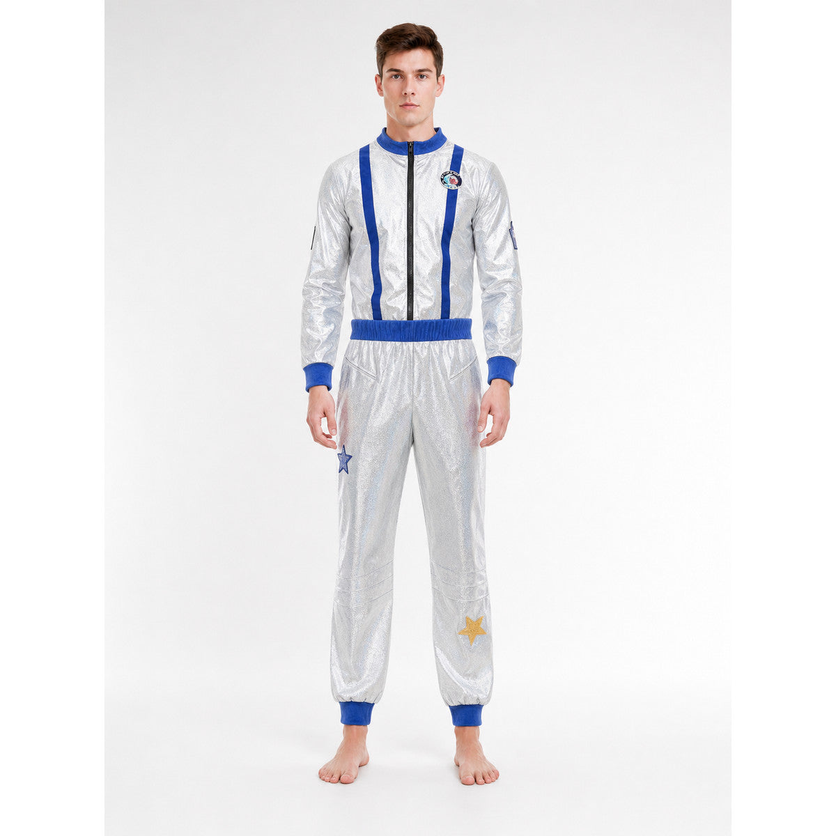 Silver astronaut costume with blue details