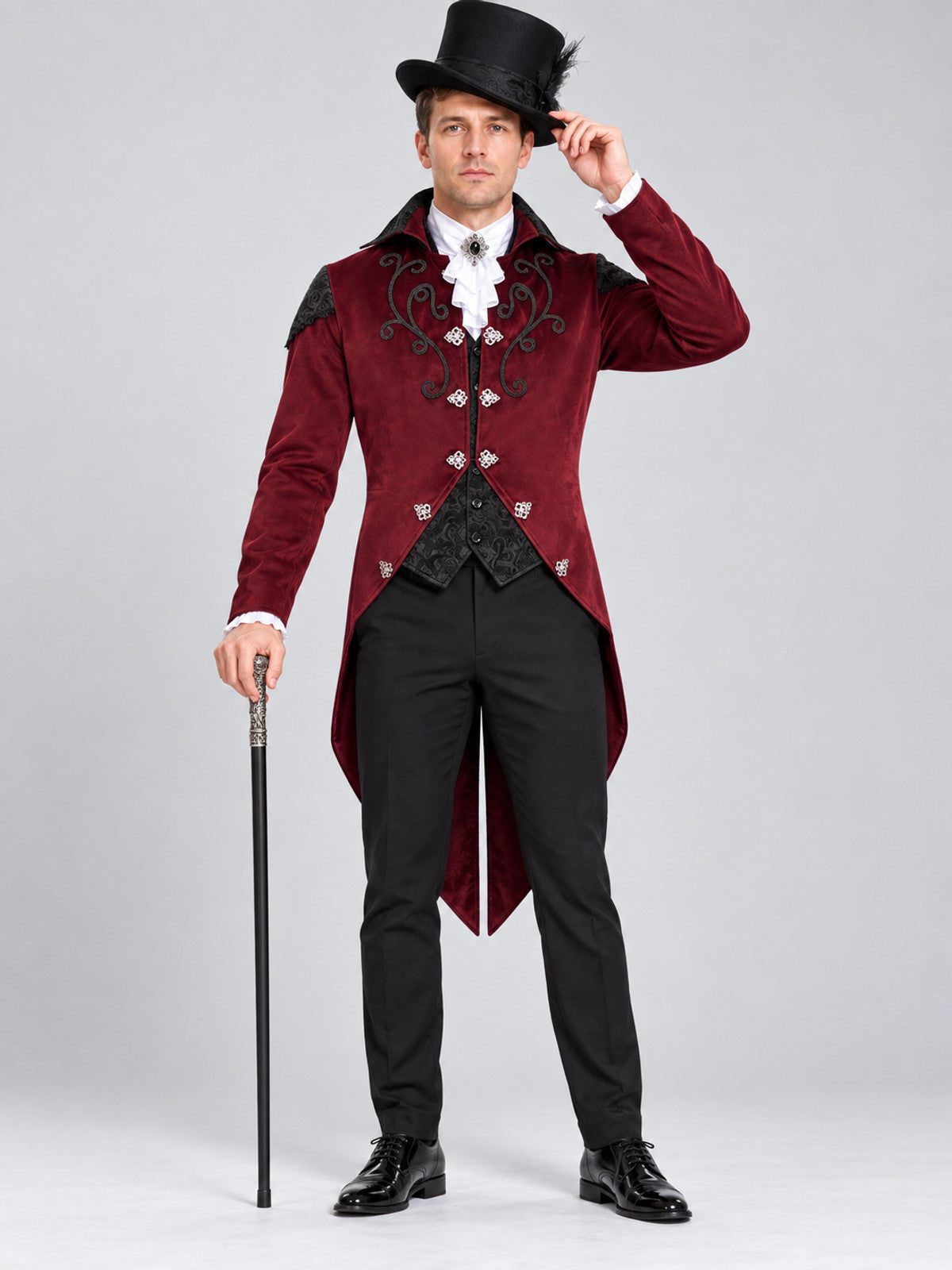 Burgundy carnaval tailcoat with black lace and embroidery