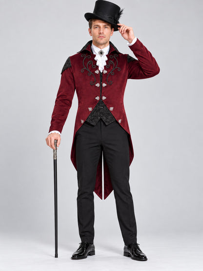 Burgundy carnaval tailcoat with black lace and embroidery