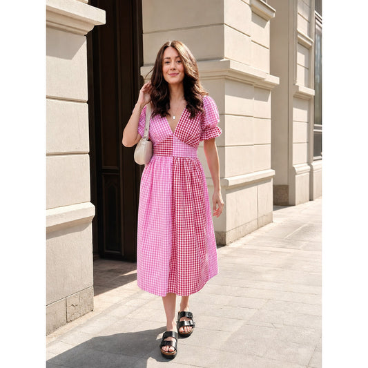 Pink and White Check Midi Dress with V-Neck