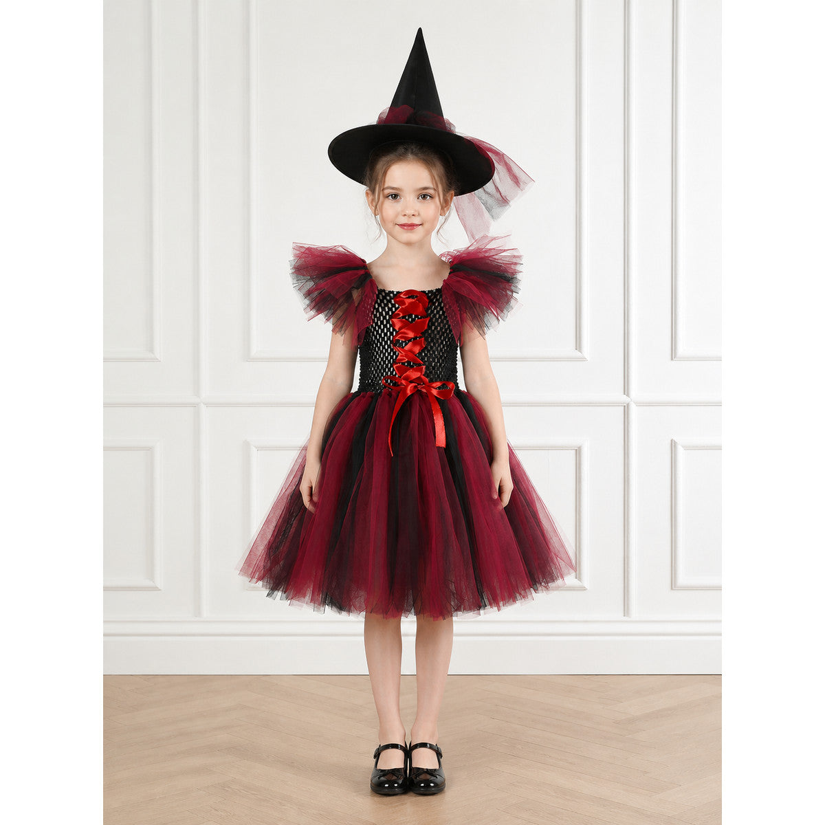 Black and Red Witch Costume with Full Skirt and Hat main product view