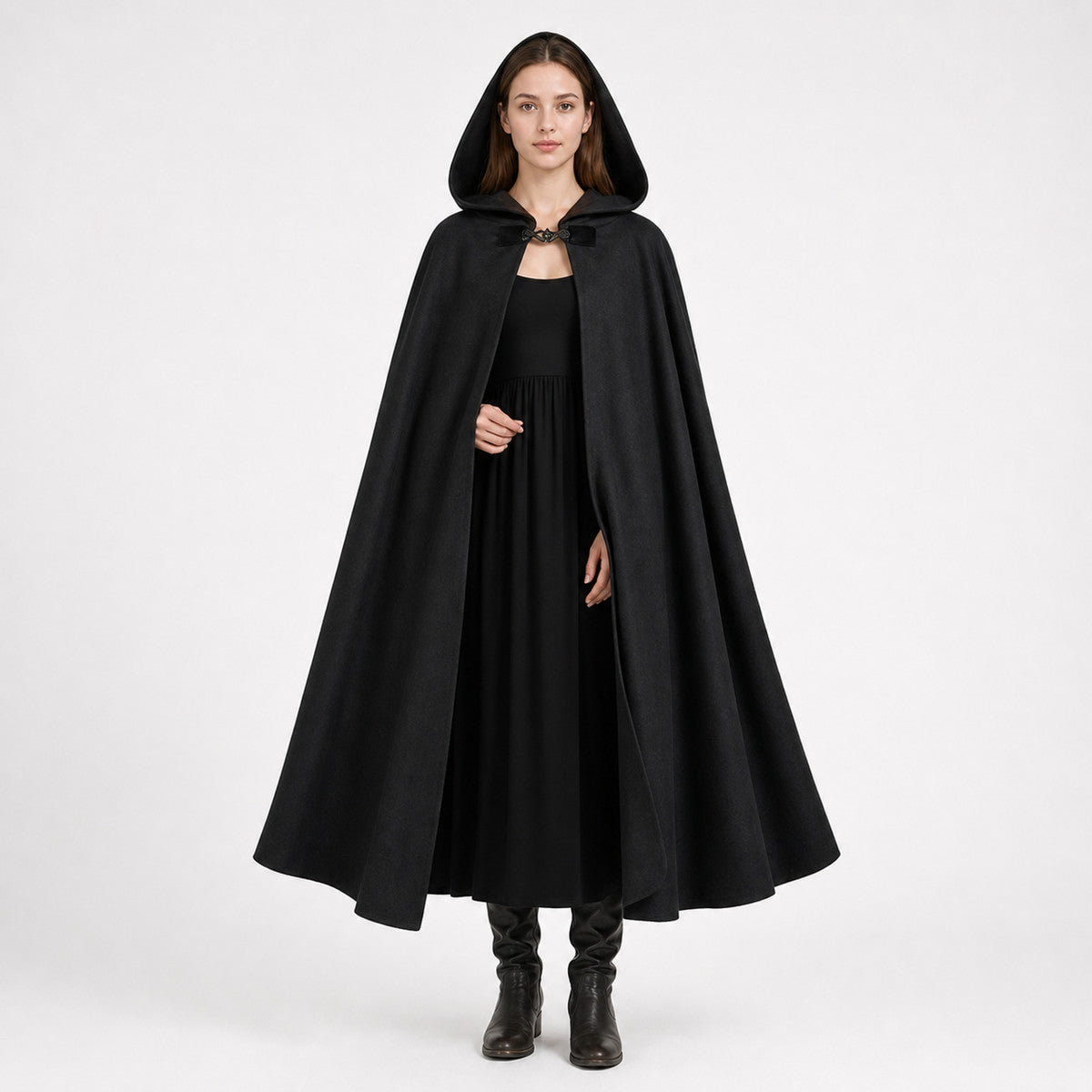 Long black hooded carnival cloak