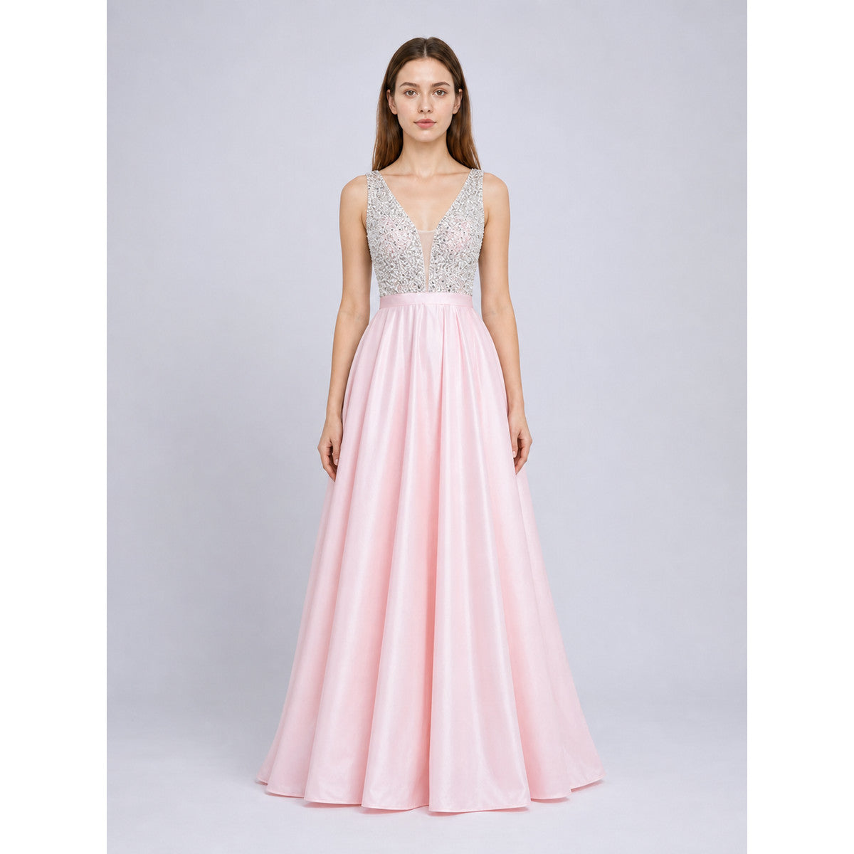 Floor-Length Evening Dress with a Deep V-Neckline on-model view