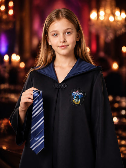 Children's Hooded Wizard Robe Costume Set With Tie And Chest Badge on-model view