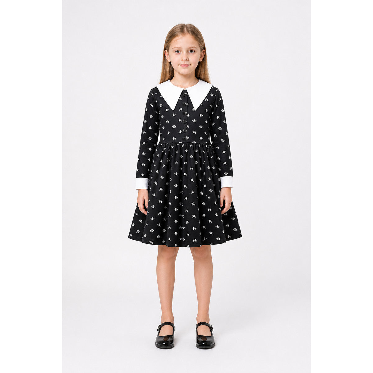 Black Long-Sleeve Dress with Skulls for Halloween main product view