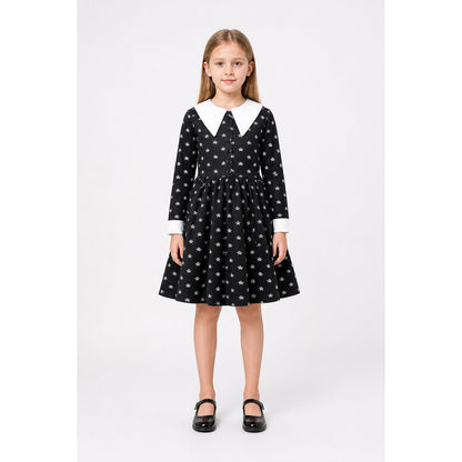 Black Long-Sleeve Dress with Skulls for Halloween main product view