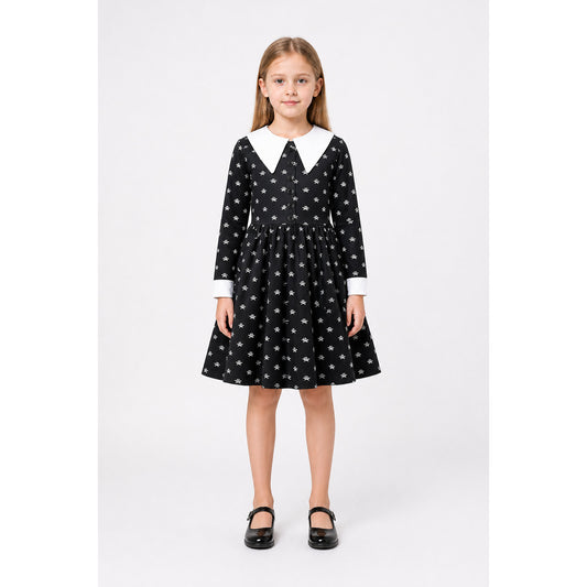 Black Long-Sleeve Dress with Skulls for Halloween main product view