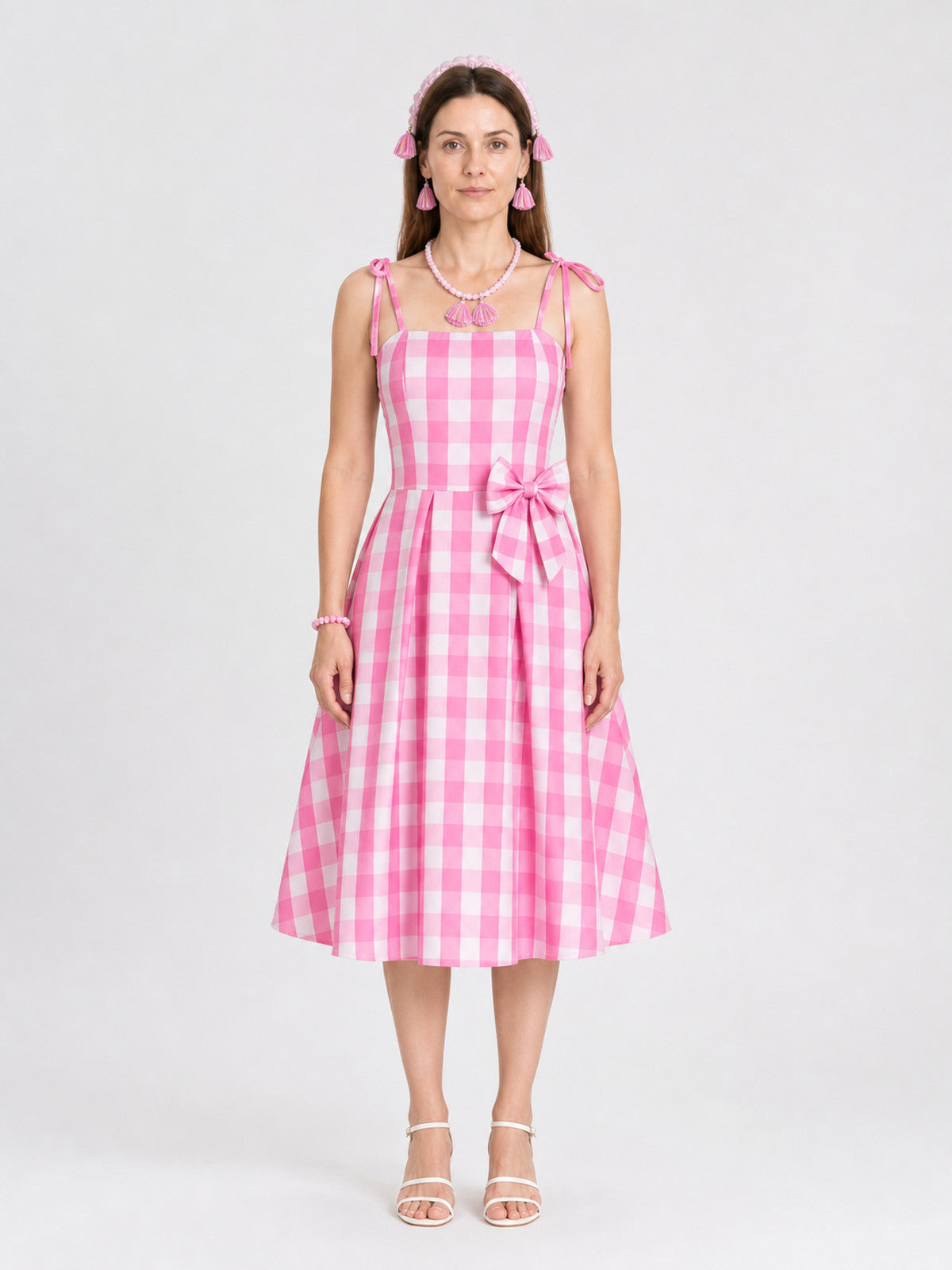 Barbie Cosplay Set: Pink and White Checkered Dress on-model view