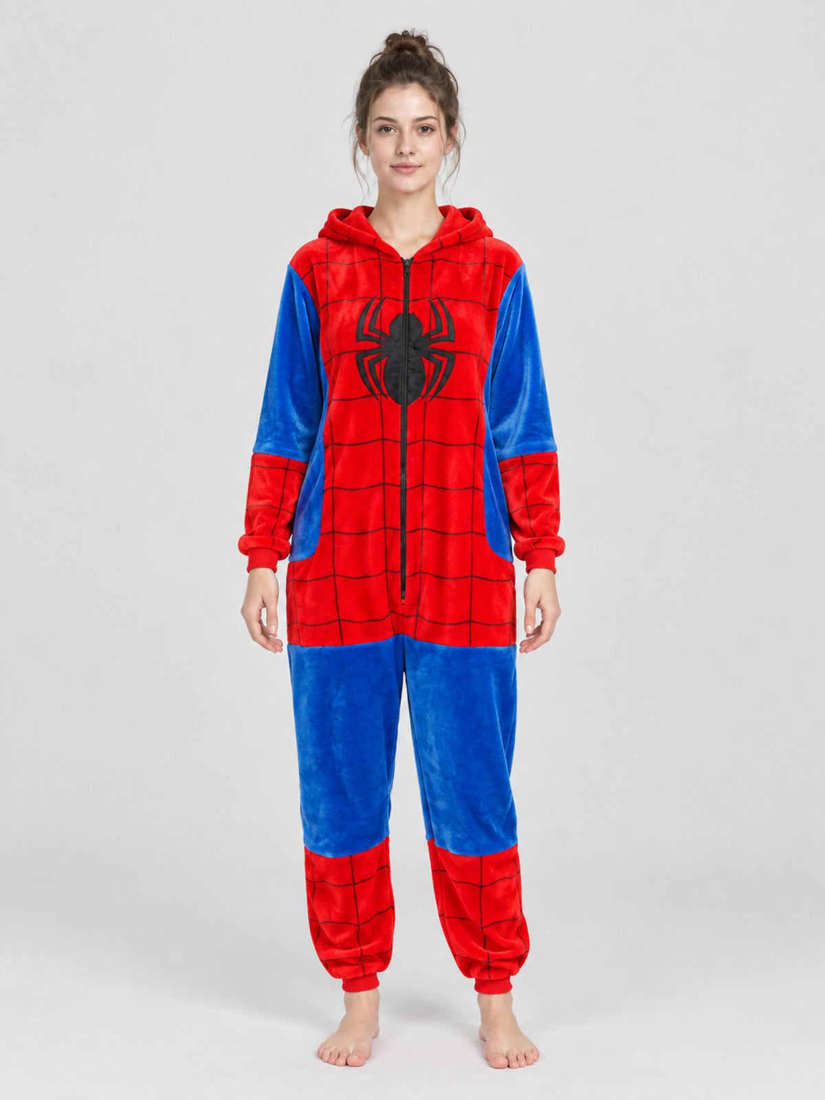 Hooded Jumpsuit Pajama in Red and Blue Colorway