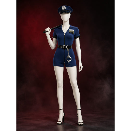 Women's Sexy Dark Blue Police Jumpsuit Costume Set with Hat, Belt, Handcuffs main product view