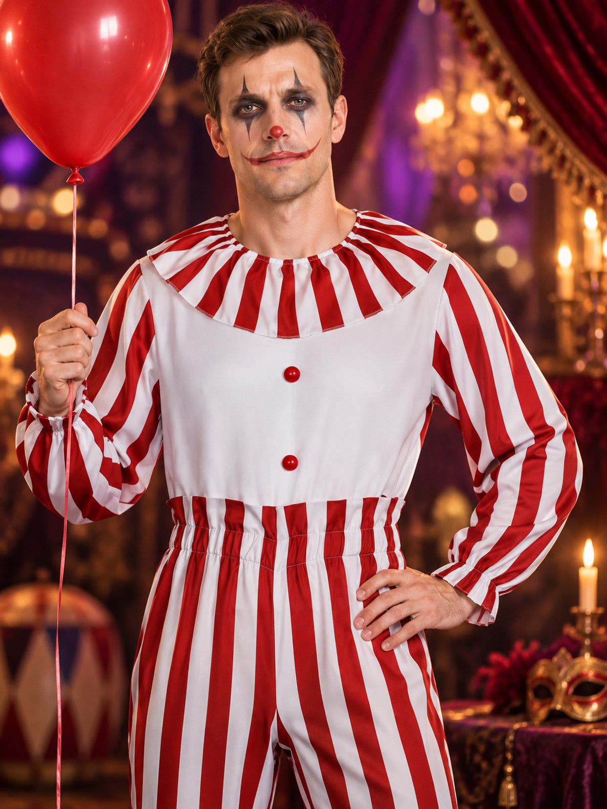 Clown costume jumpsuit in red and white stripes with a jabot