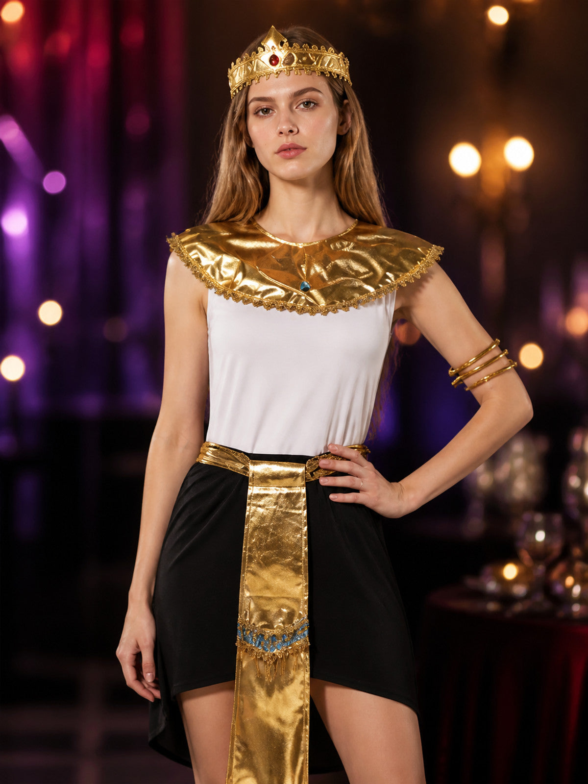 Cleopatra Egyptian Queen Costume Set, Sleeveless Dress With Collar, Headpiece on-model view