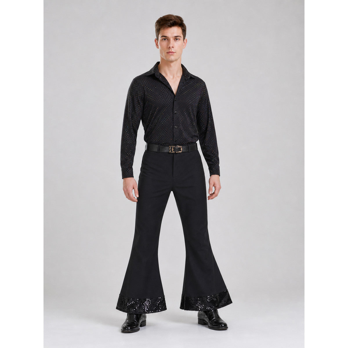 Retro disco costume: shirt and bell-bottom pants on-model view