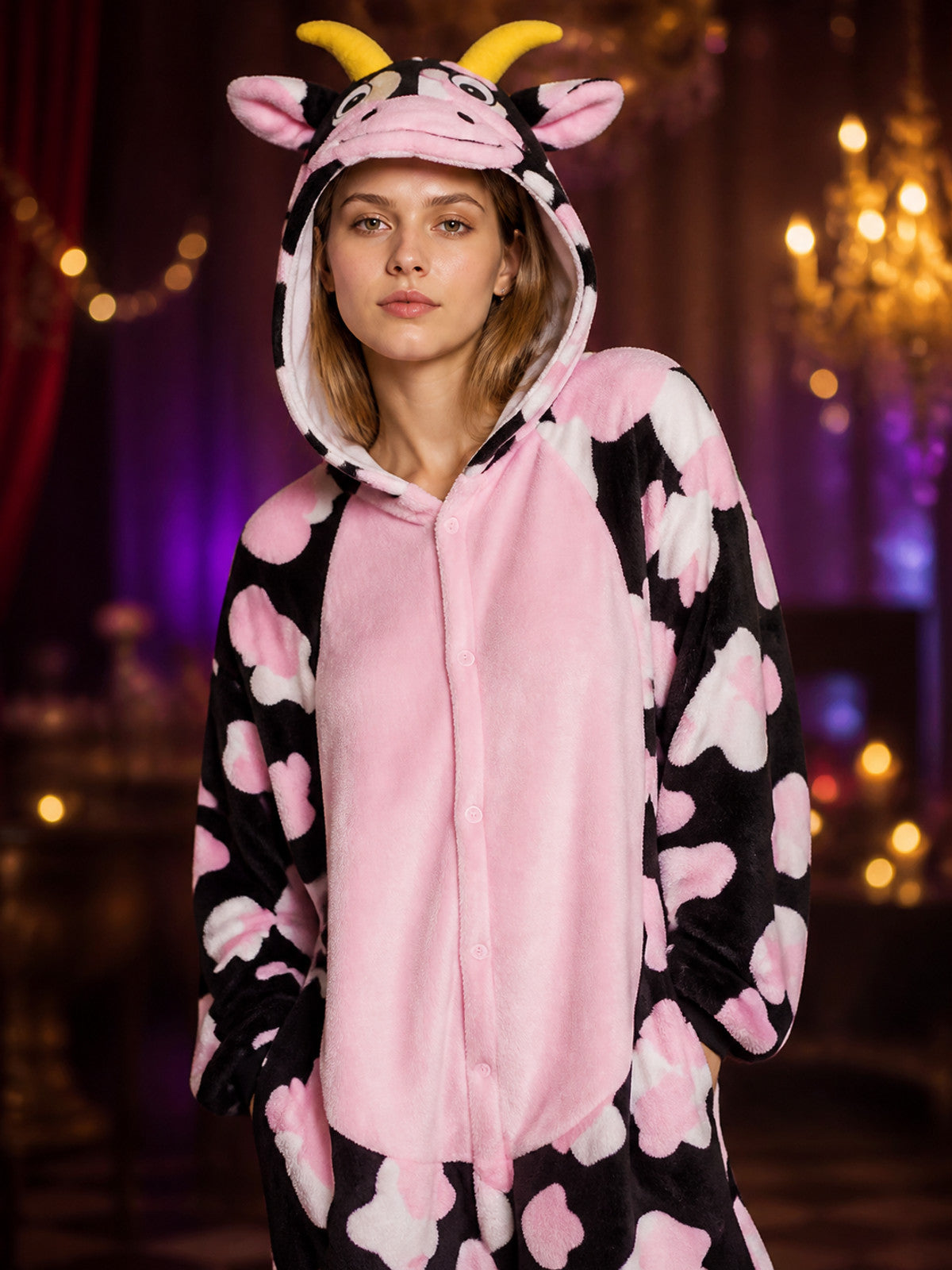 Pink Cow Animal Hooded Jumpsuit with Horns, Ears and Front Zipper on-model view