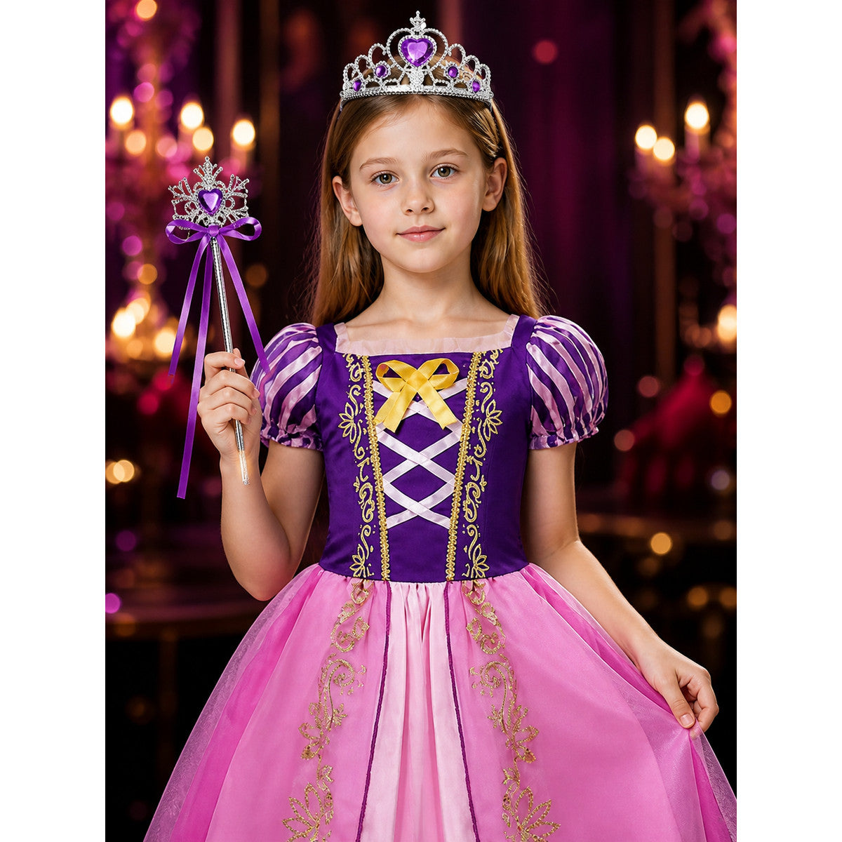 Kids Princess Costume Dress Set with Crown and Magic Wand, Pink Purple Gown on-model view