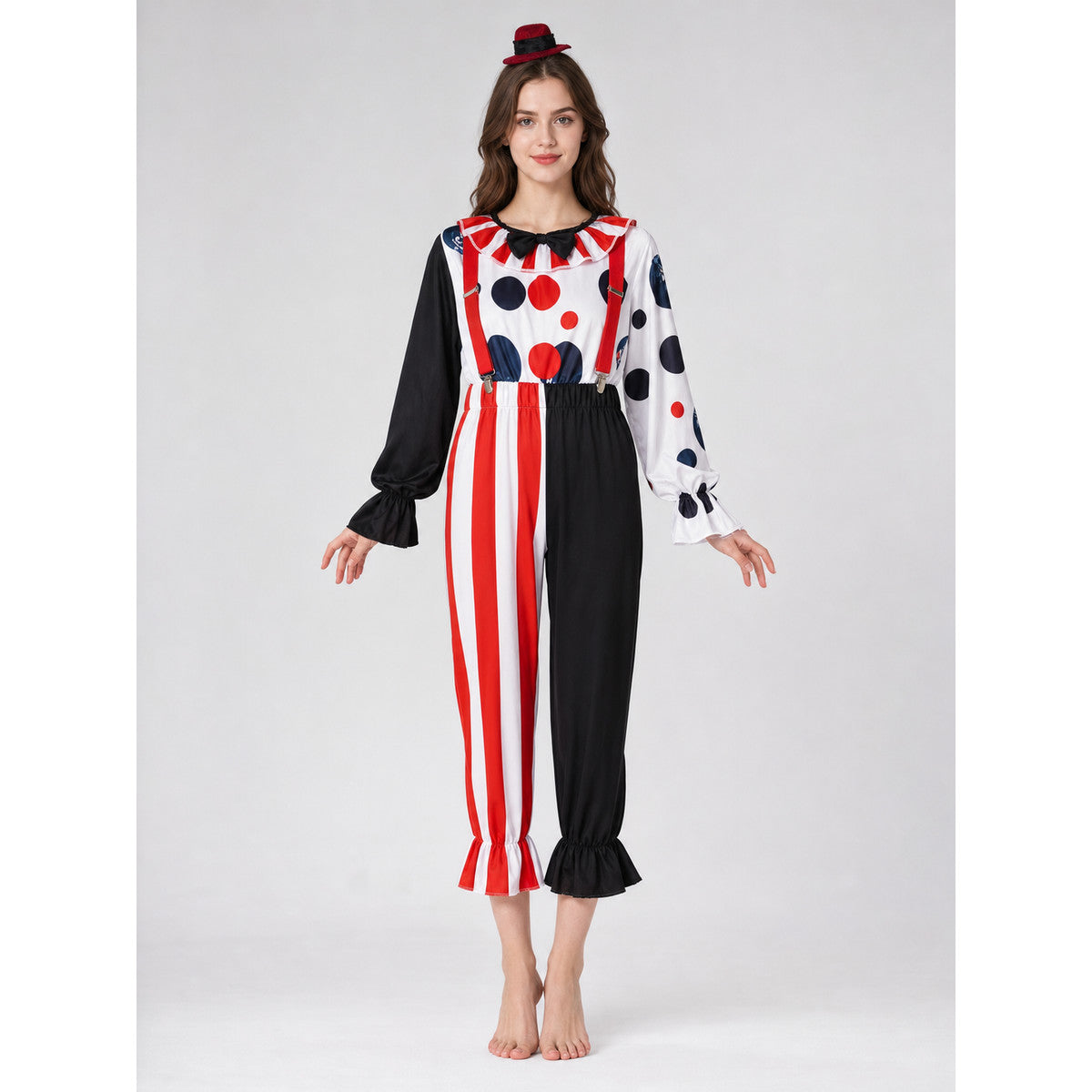 This colorful clown costume is designed for themed looks, cosplay, Halloween, costume parties, and stage performances. The set features an expressive theatrical style with a contrasting combination of white, black, and red, dark blue accent