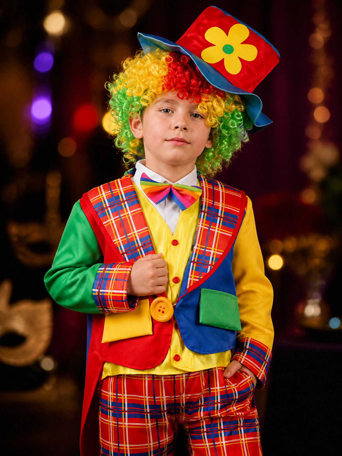 Kids Clown Circus Costume Set, Multicolor Shirt, Pants, Hat and Bow Tie on-model view