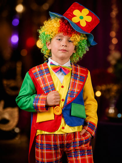Kids Clown Circus Costume Set, Multicolor Shirt, Pants, Hat and Bow Tie on-model view
