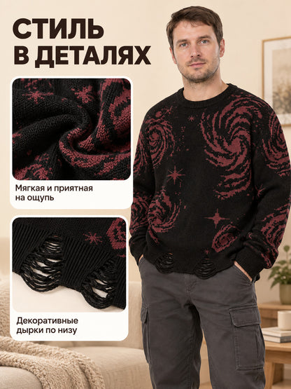 Black Oversize Sweater with Dark Red Spiral Print