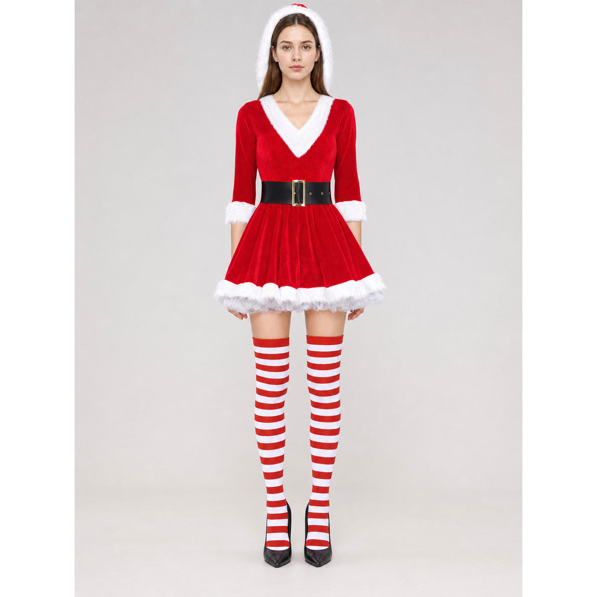New Year's Costume with Red Dress, White Trim, and Black Belt on-model view