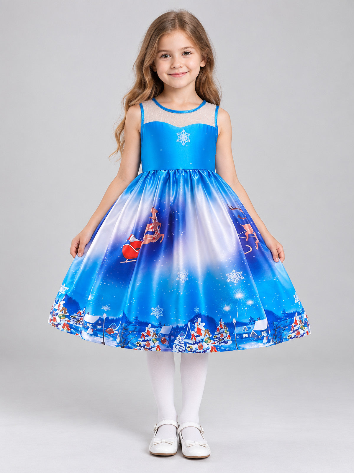 Blue Girls' Christmas Dress with Christmas Print