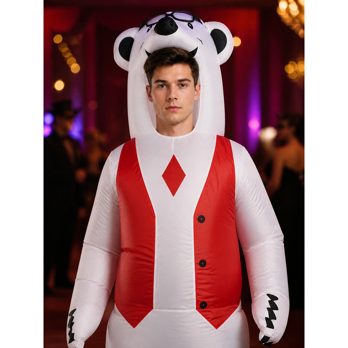Cow Animal Jumpsuit Costume, Red Vest Black-and-White Halloween Outfit on-model view