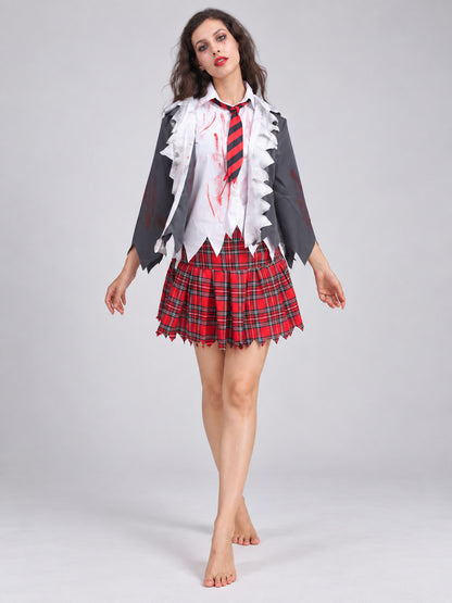 Zombie costume with cape and plaid skirt