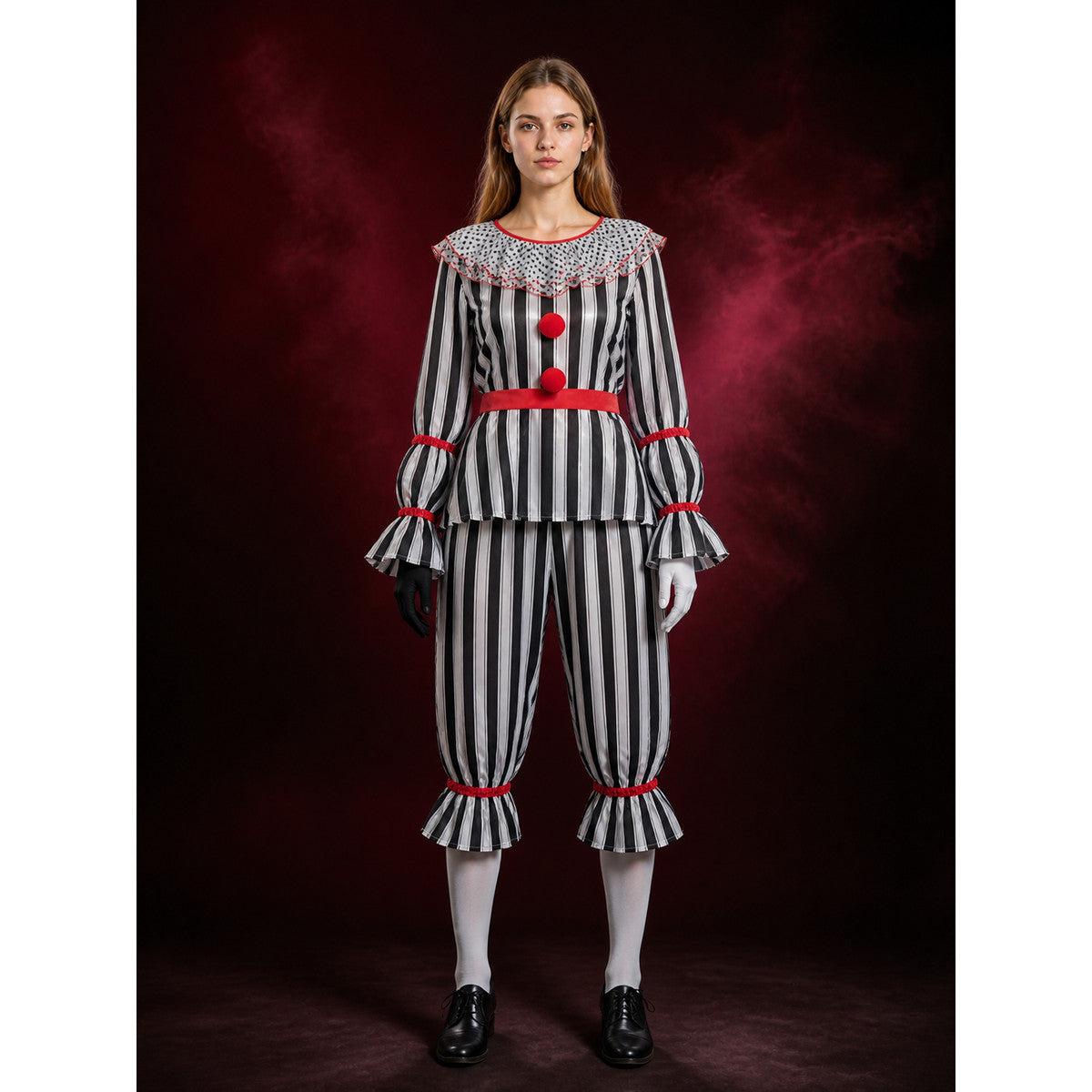 Adult Striped Clown Costume Set with Ruffle Collar and Red Trim, Two-Piece main product view
