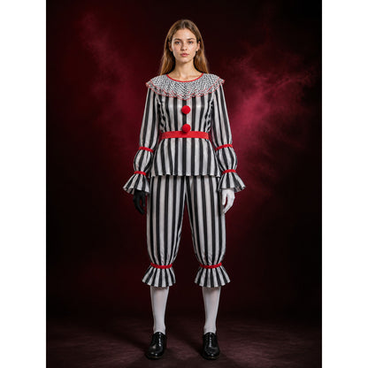 Adult Striped Clown Costume Set with Ruffle Collar and Red Trim, Two-Piece main product view