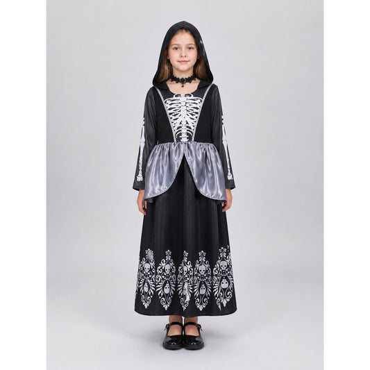 Black Halloween Skull Dress with Hood on-model view