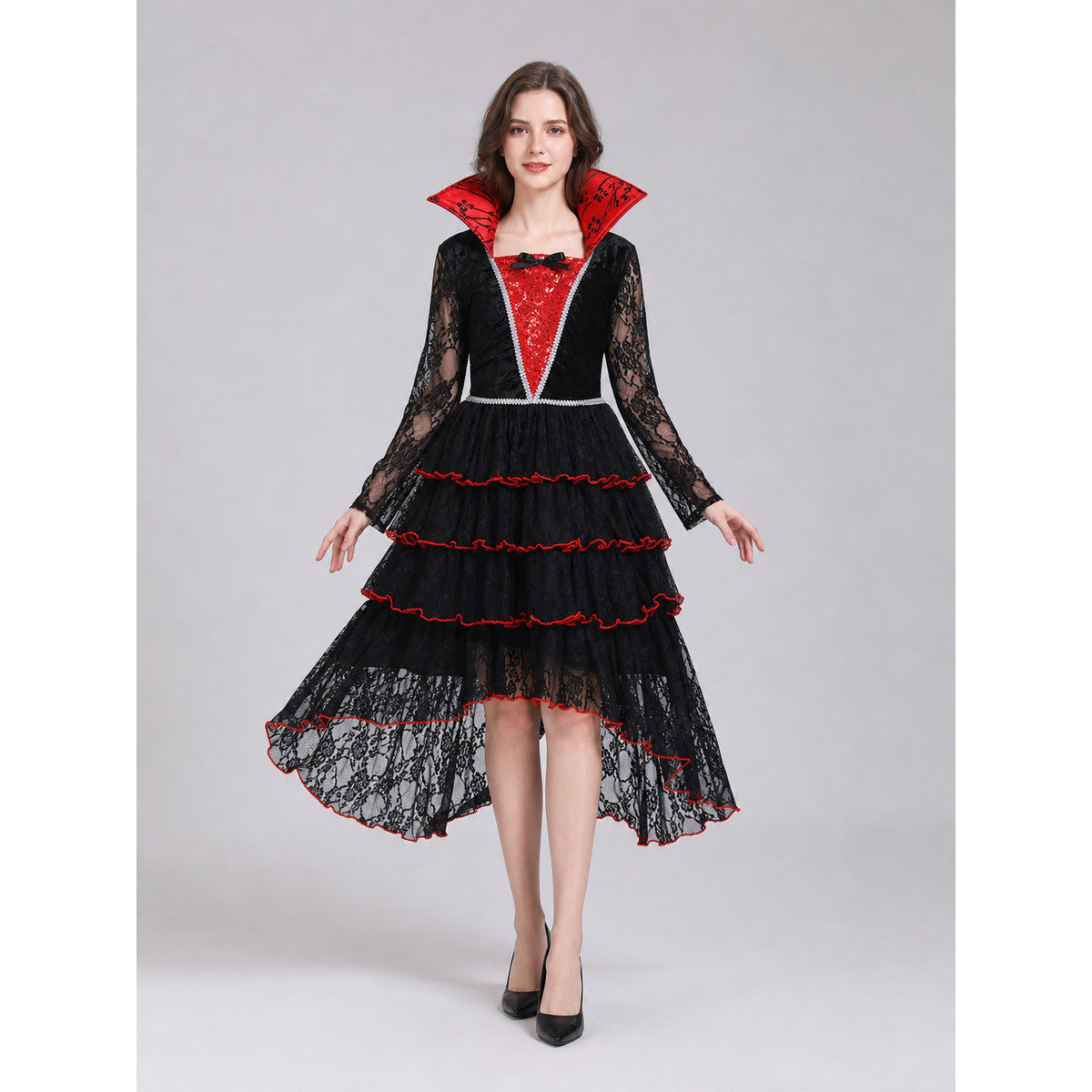 Gothic Dress with Layered Skirt and Necklace