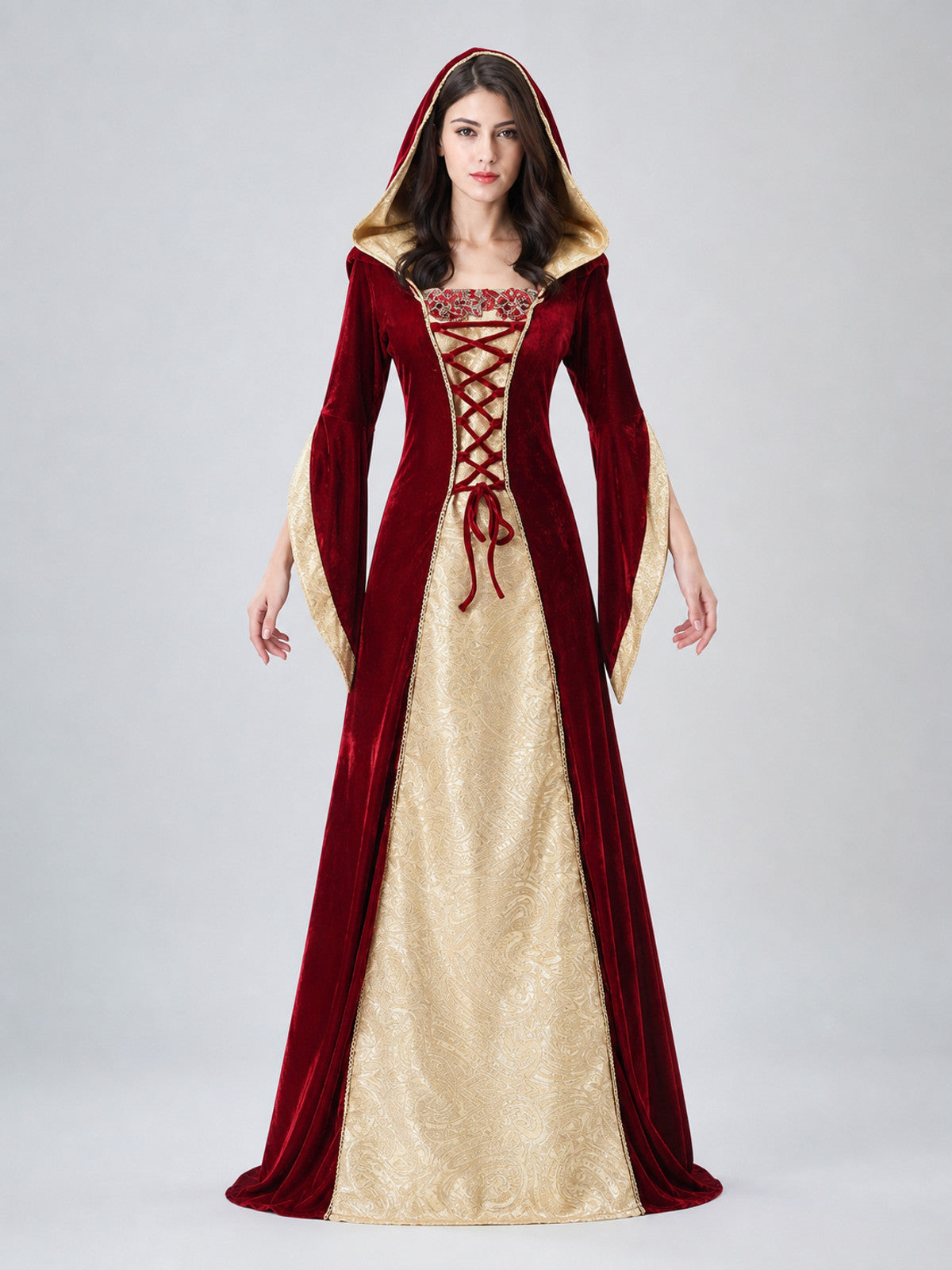 Halloween dress designed in the style of a European medieval costume, suitable front view