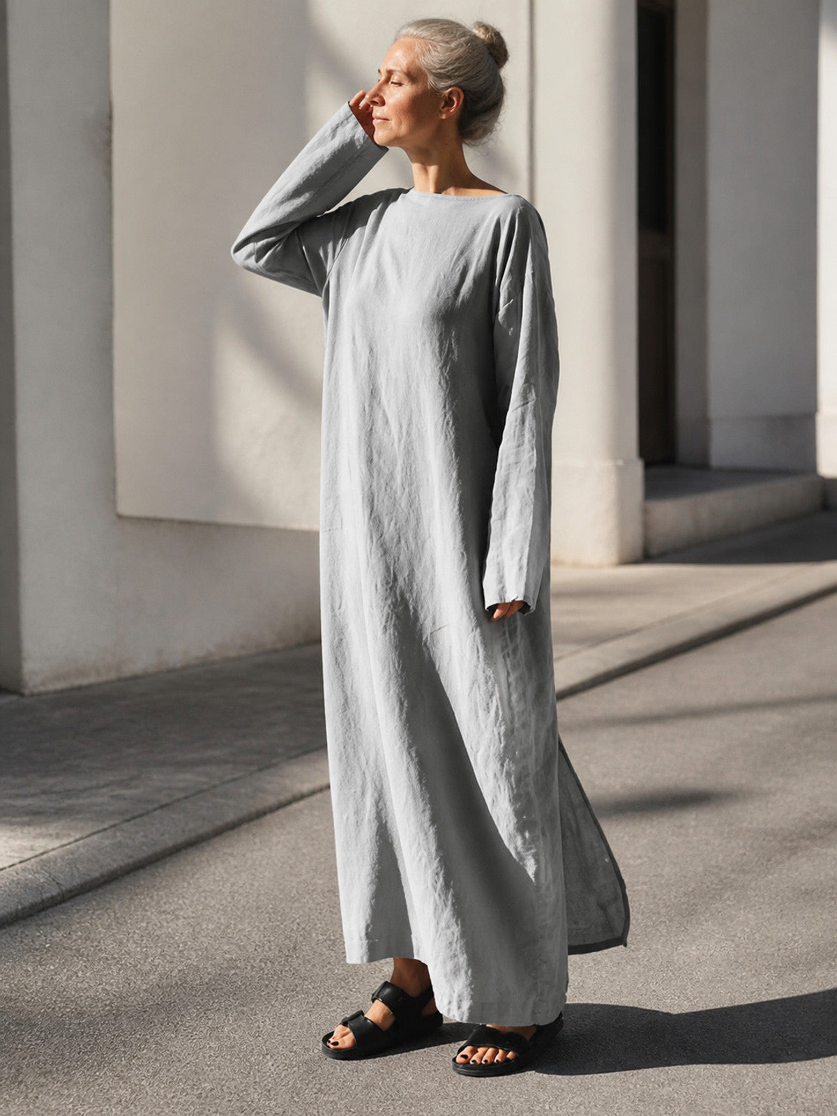 Gray Maxi Dress with Long Sleeves and Slits main product view