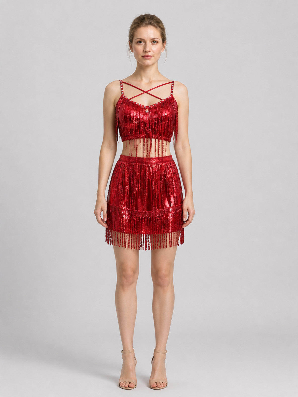 Red Stage Costume: Top and Fringed Skirt on-model view