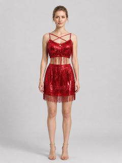 Red Stage Costume: Top and Fringed Skirt