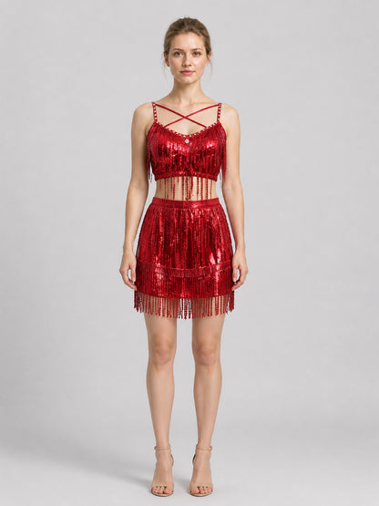 Red Stage Costume: Top and Fringed Skirt on-model view