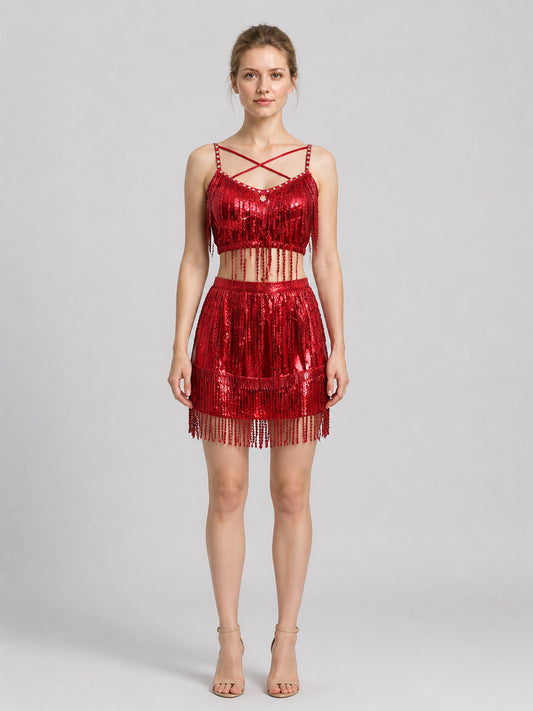 Red Stage Costume: Top and Fringed Skirt on-model view
