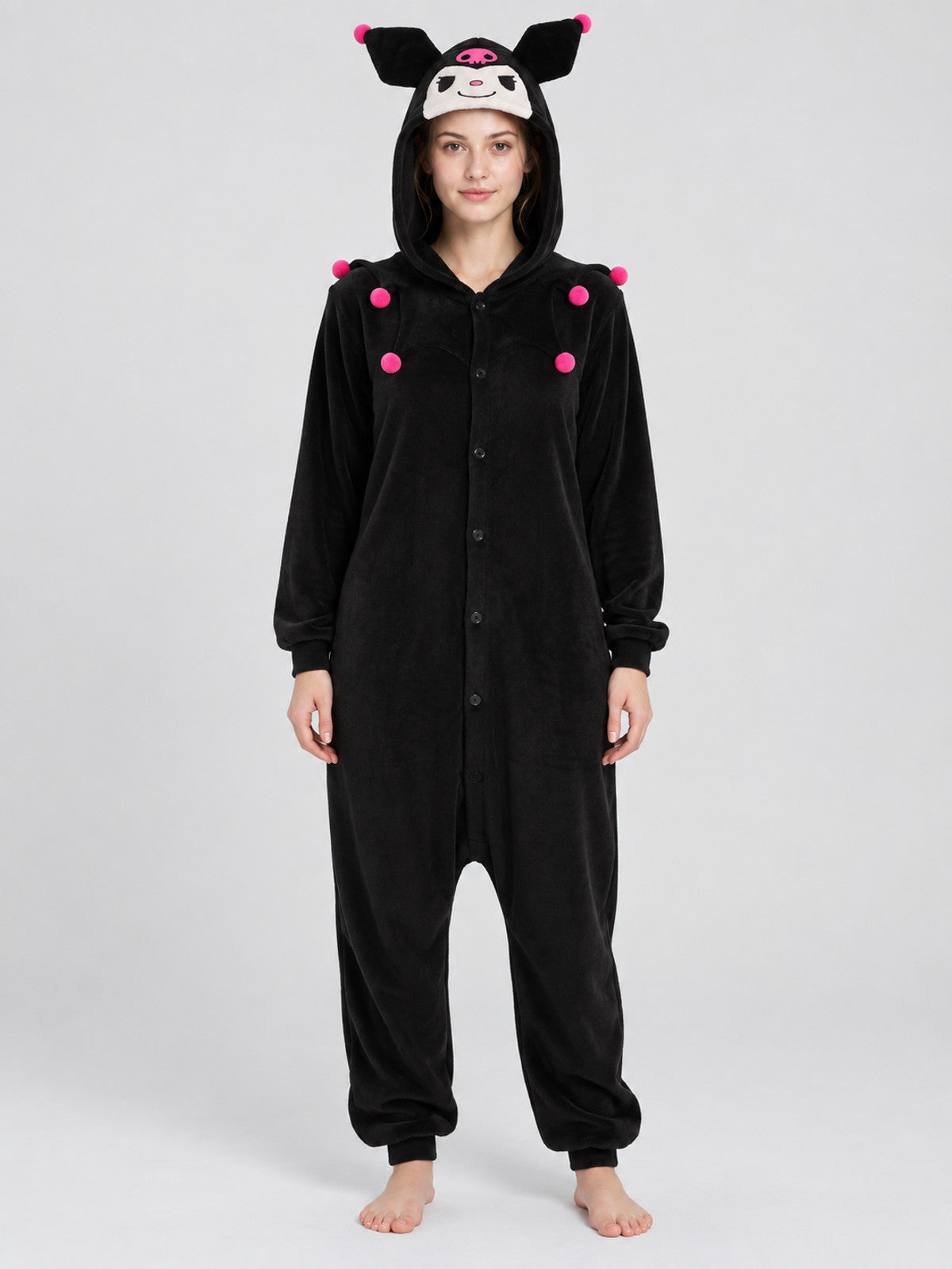 Black Fleece Hooded Pajama Jumpsuit with Ears