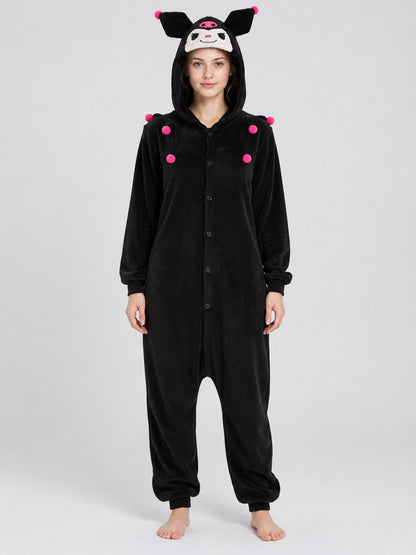 Black Fleece Hooded Pajama Jumpsuit with Ears
