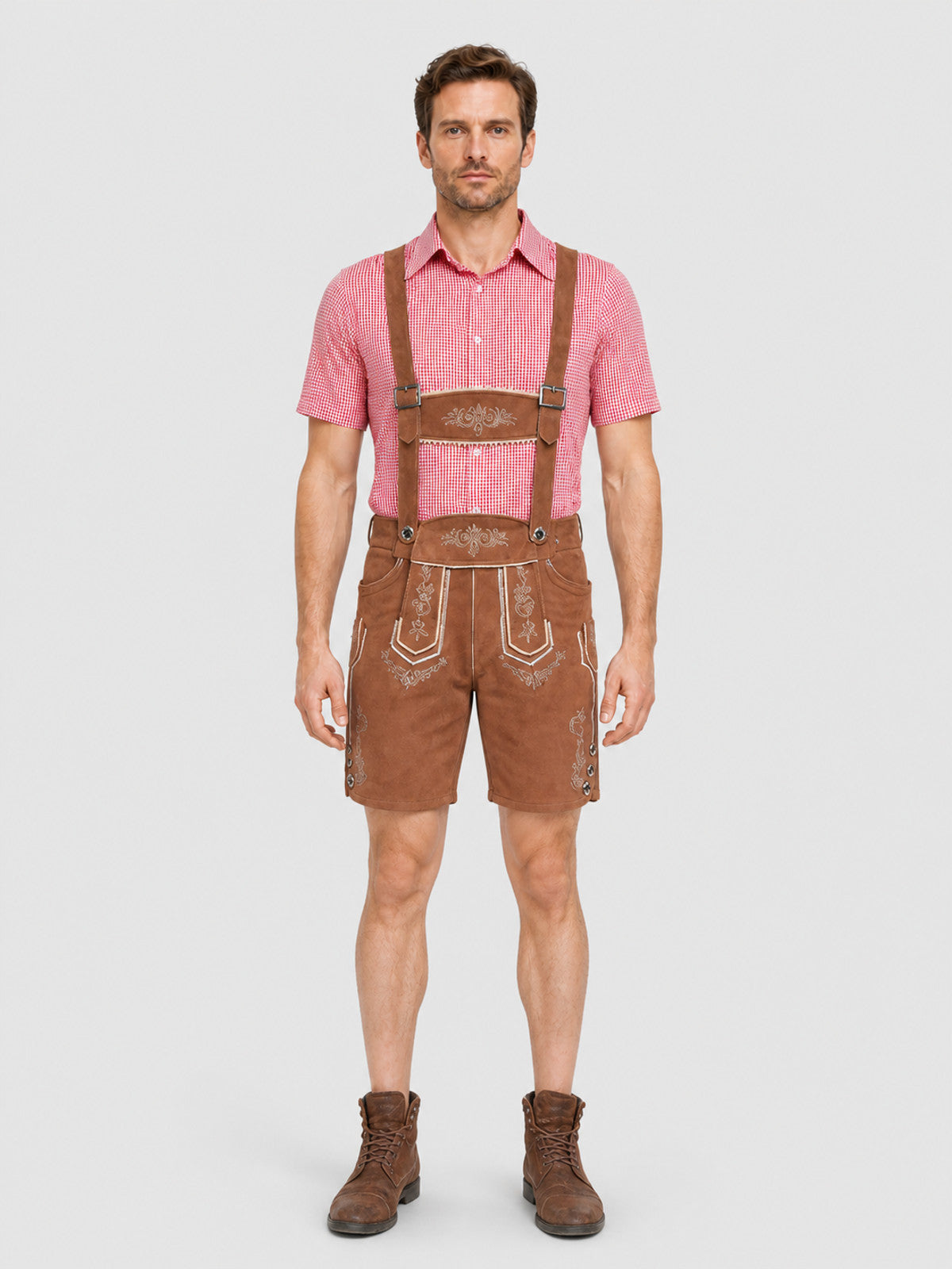 Bavarian Costume with Shirt and Suspender Shorts on-model view