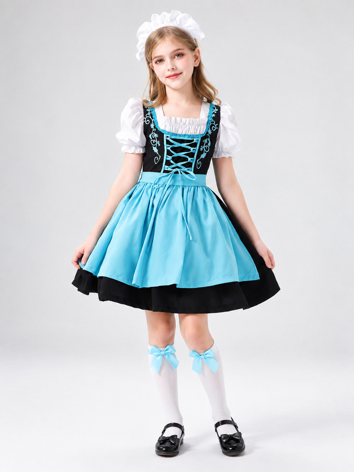 Kids' Dirndl Costume with Blue Apron and Headpiece