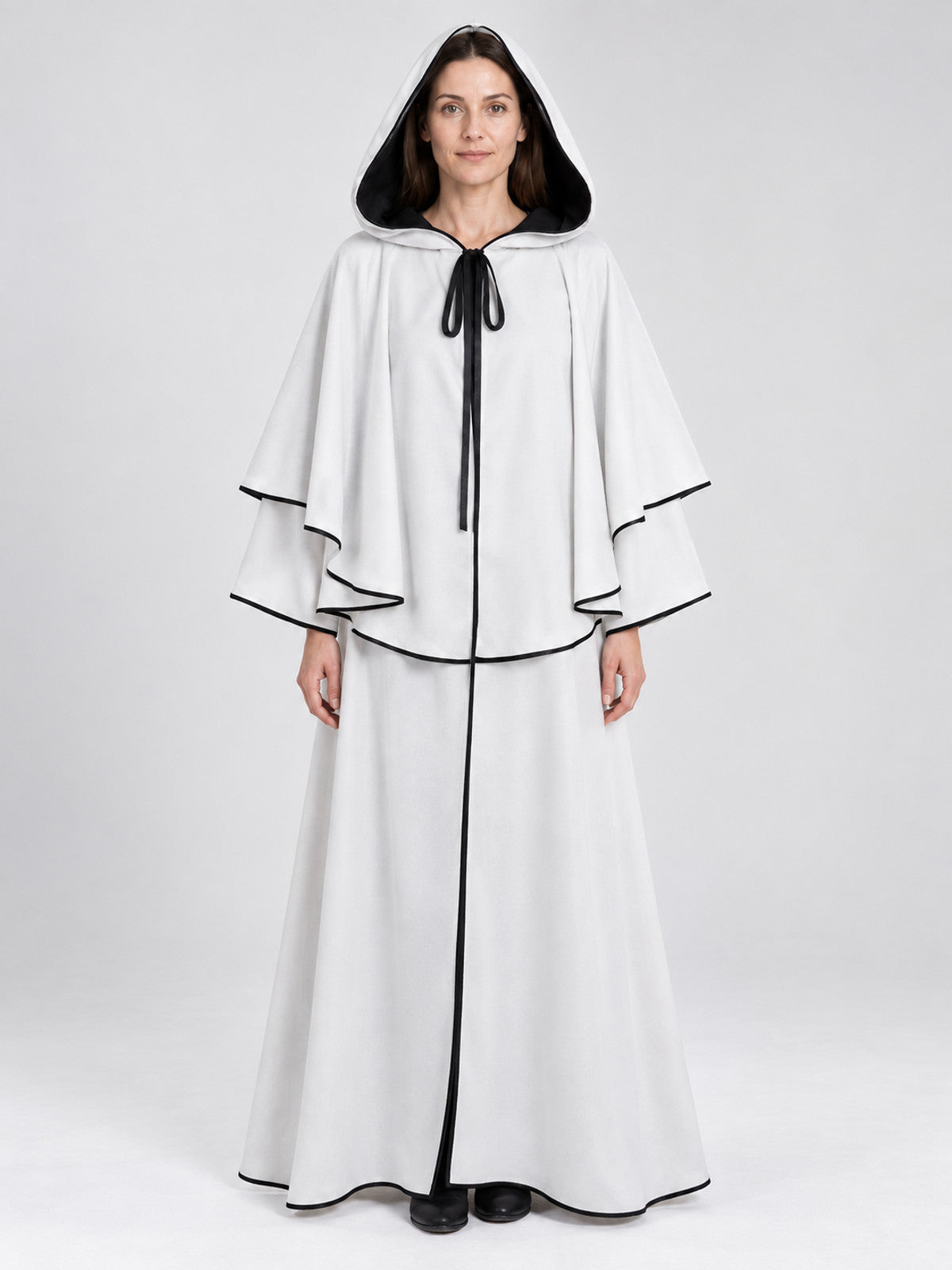 Long White Hooded Cloak with Black Trim