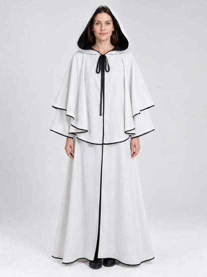 Long White Hooded Cloak with Black Trim