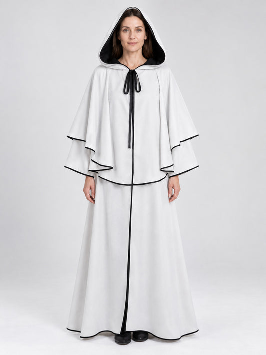 Long White Hooded Cloak with Black Trim