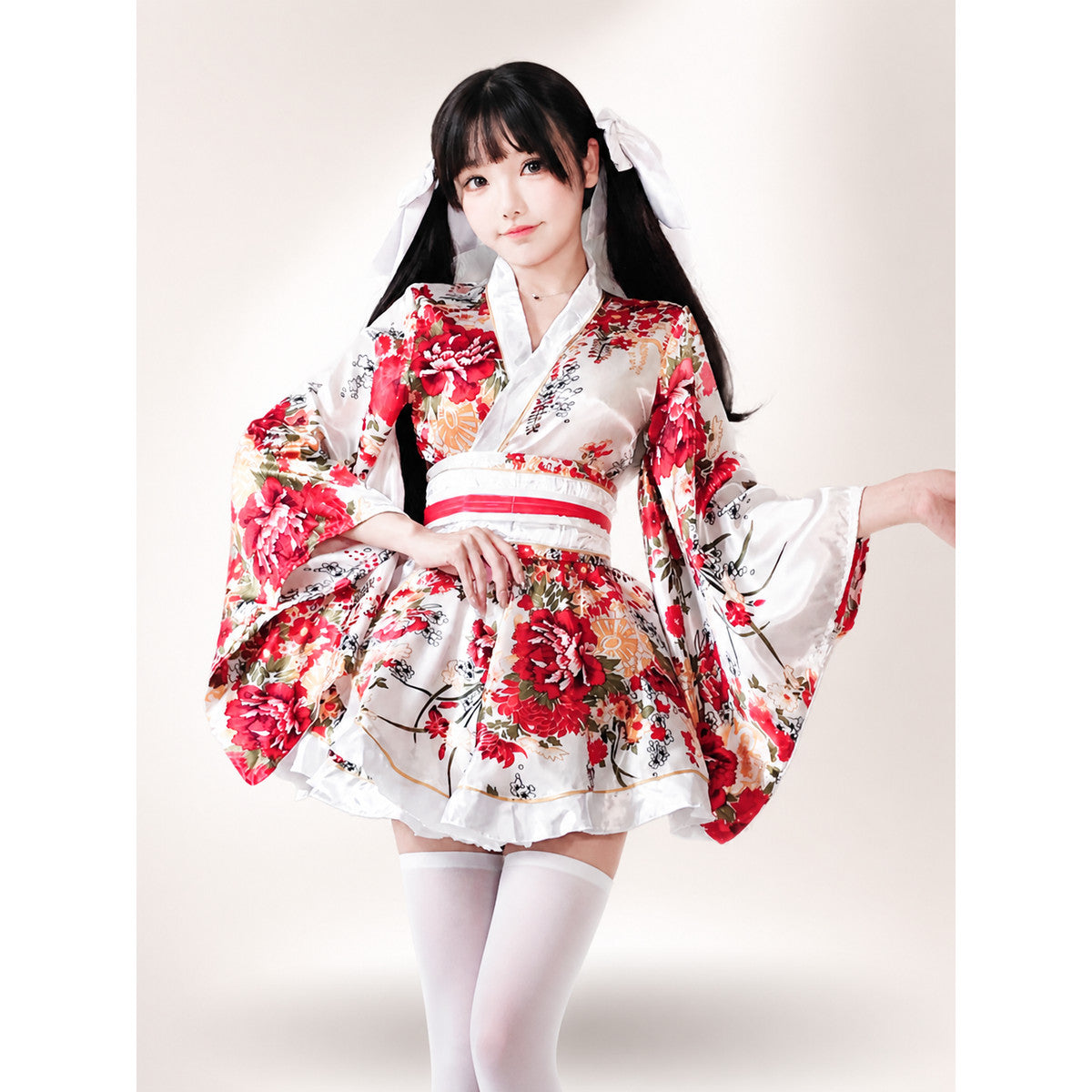 Wrap-style kimono with a full skirt and belt, peony print main product view